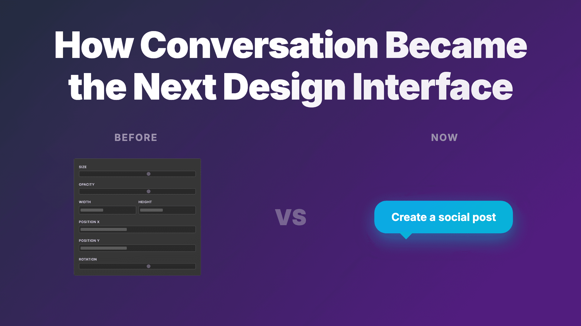 Split view showing traditional design tool interface versus a clean chat conversation creating the same design